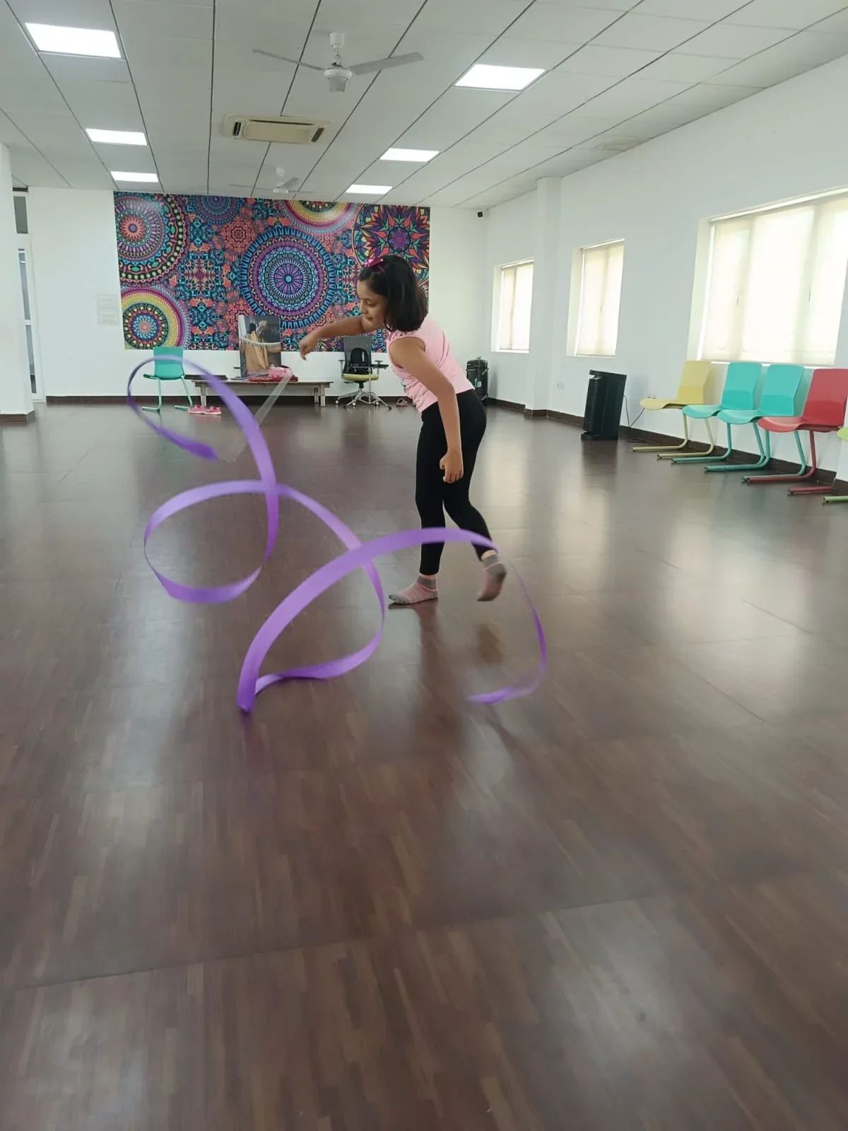 Student practising a rhythmic ribbon routine